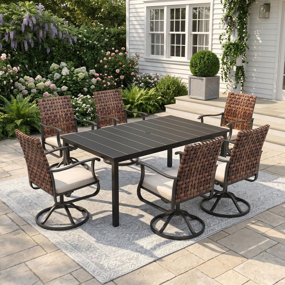7-Piece Metal Patio Dining Set with 63 in. Black Rectangular Table and 6 Brown Wicker Swivel Chairs with Beige Cushions price history on PriceWatchPro