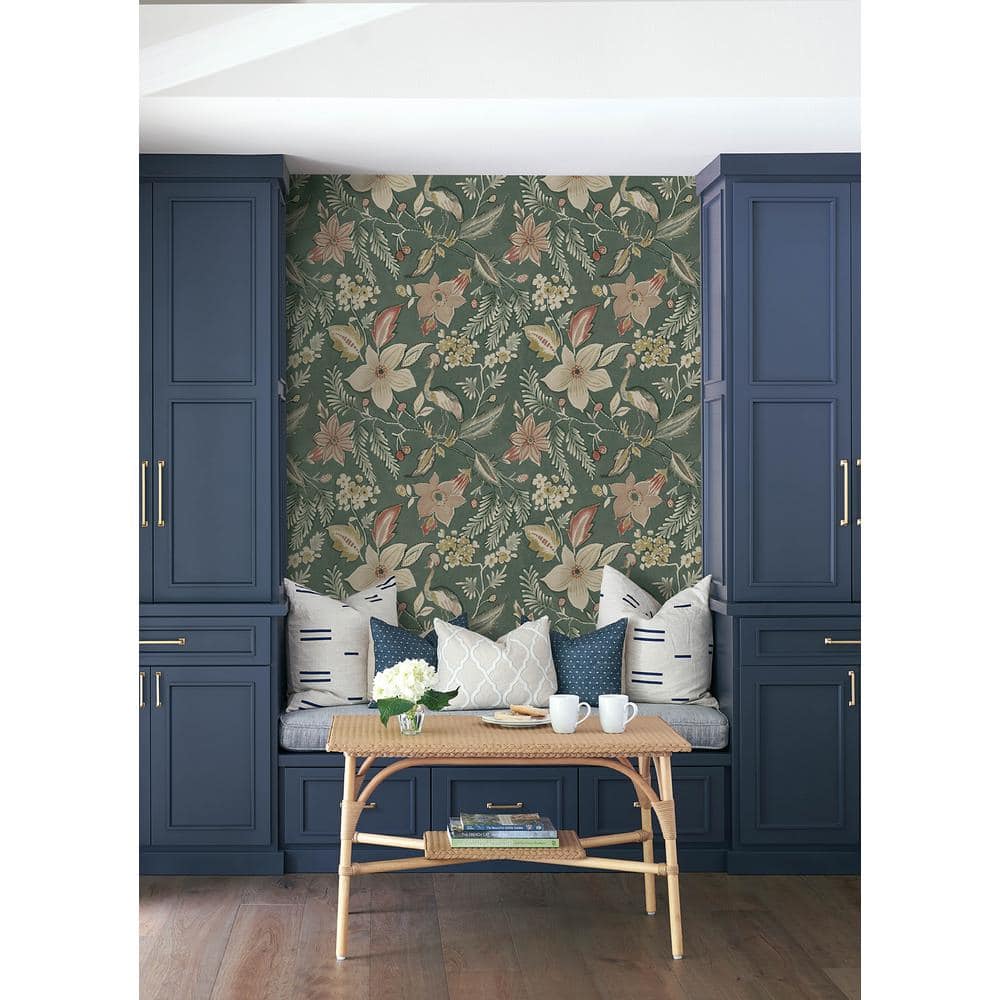 Sea Green Floral Non-Woven Wallpaper with Crowned Cranes