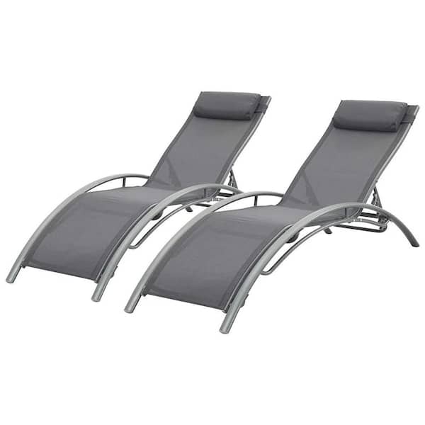 OVASTLKUY Metal Outdoor Patio Reclining Adjustable Chaise Lounge in Gray with Pillow (Set of 2)