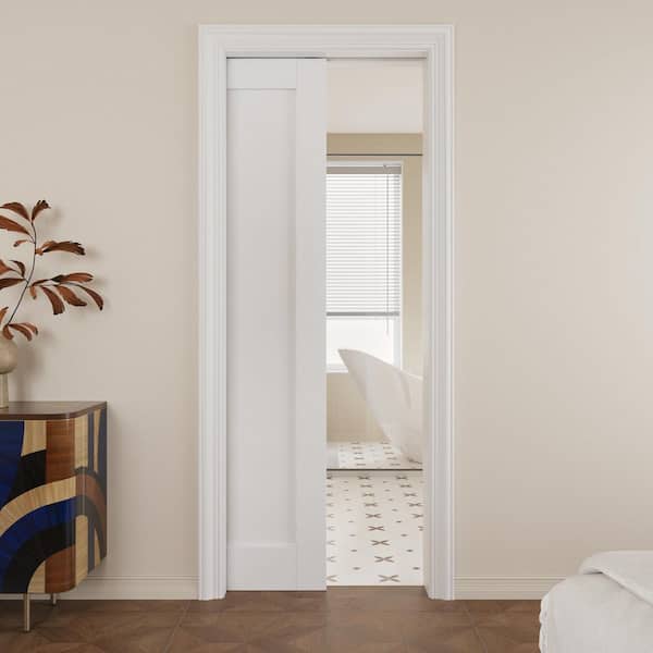 30 in. x 80 in. Paneled White Primed MDF Pocket Sliding Door with Pocket Door Frame and Hardware Kit