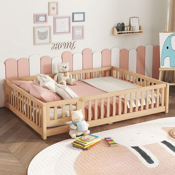Natural Full Size Wood Floor Bed Frame with Safety Guardrails and Door Low Platform Bed with Bed Slats for Kids