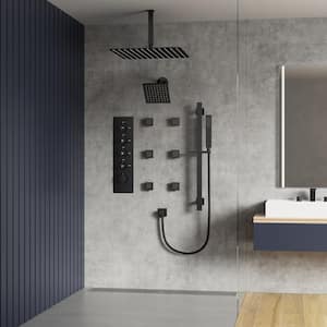 Thermostatic Valve 15-Spray 16 and 6 in. Dual Ceiling Mount Shower Head and Handheld Shower in Matte Black