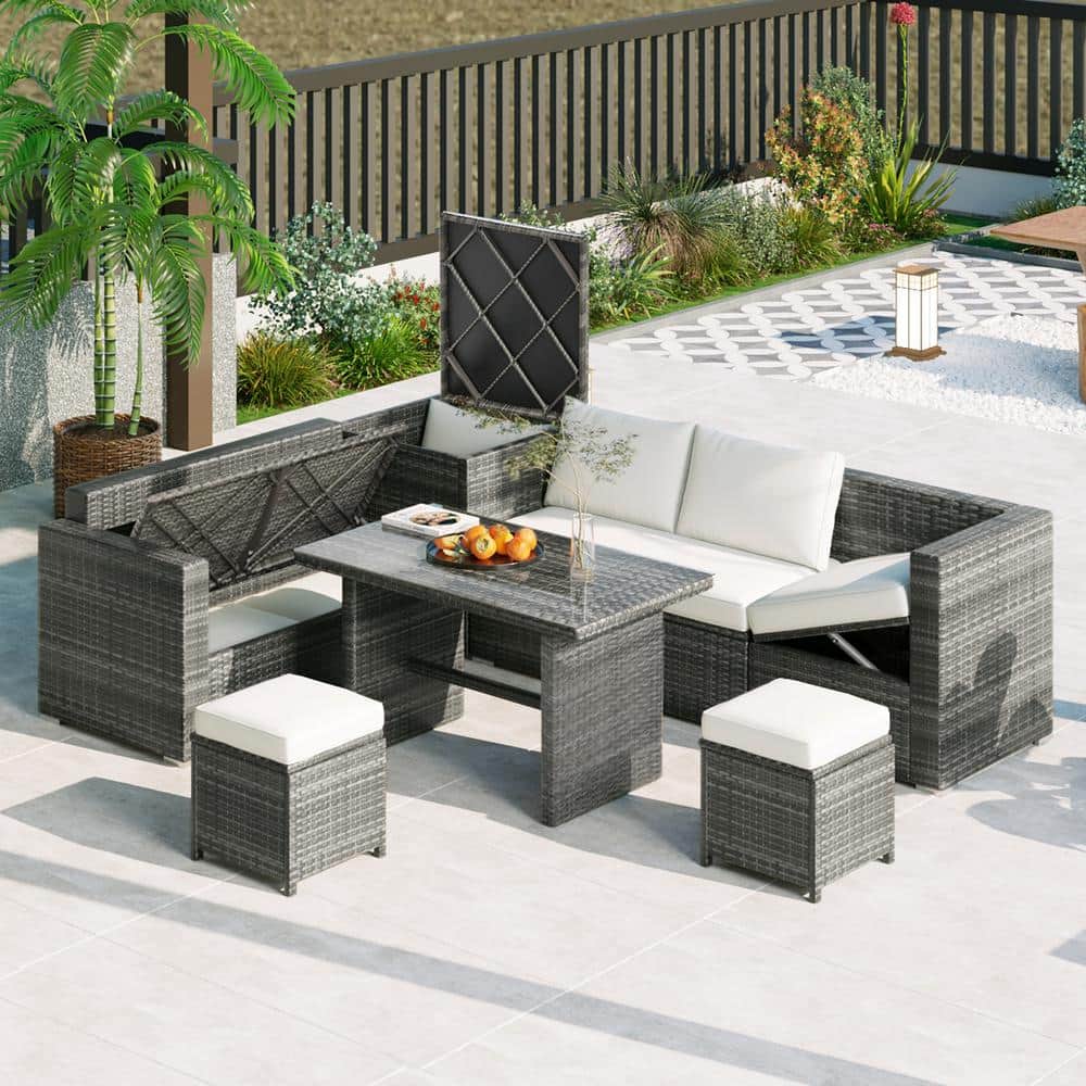 6-Piece PE Wicker Outdoor Patio Sectional Sofa Set with Adjustable Seats St