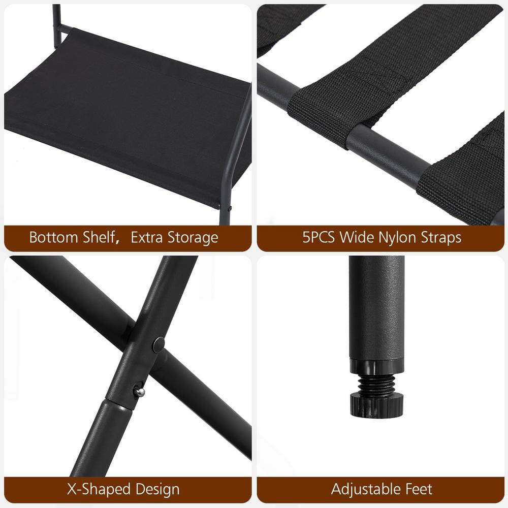 Black Foldable Metal Luggage Rack with Storage Shelf, Set of 2