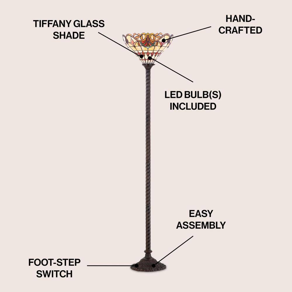 Davis Tiffany-Style 70" Bronze Torchiere with Multicolor Stained Glass