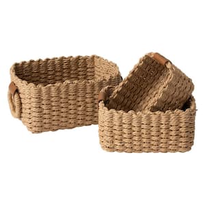 Small Wicker Baskets for Organizing, Recycled Paper Rope Container Bins Set of 3, Brown