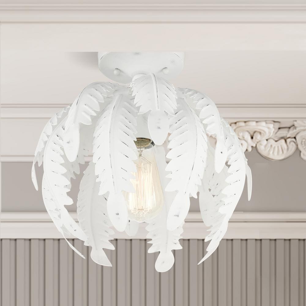 Antique White Metal Acanthus Leaf LED Semi-Flush Bowl Light