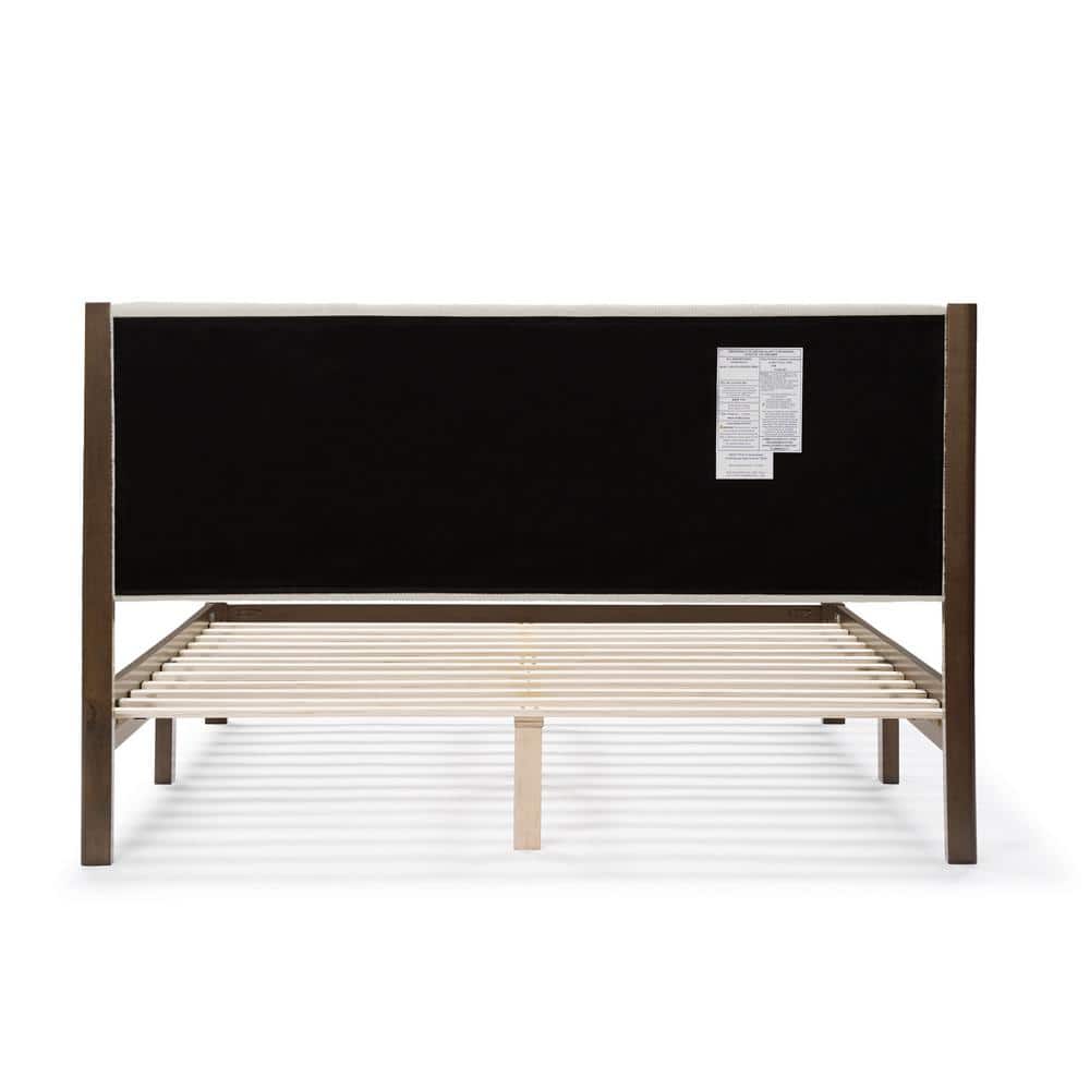 Adin Queen Dark Walnut Wood Frame Bed with White Boucle Upholstered Headboard