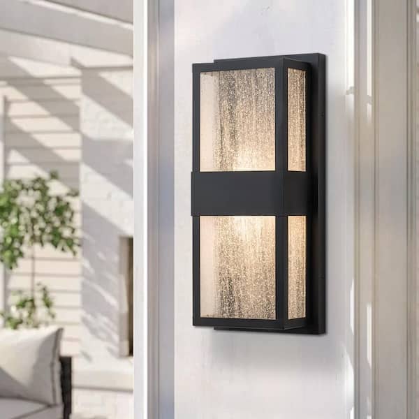 15 in. Modern Black Dimmable Outdoor/Indoor Integrated LED Wall Sconce with Seeded Glass, 12W