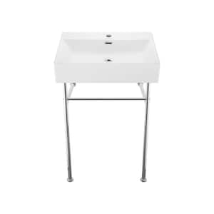 Claire Ceramic Console Sink Basin and Leg Combo in Glossy White with Bathroom Sink and Bottle Trap Drain