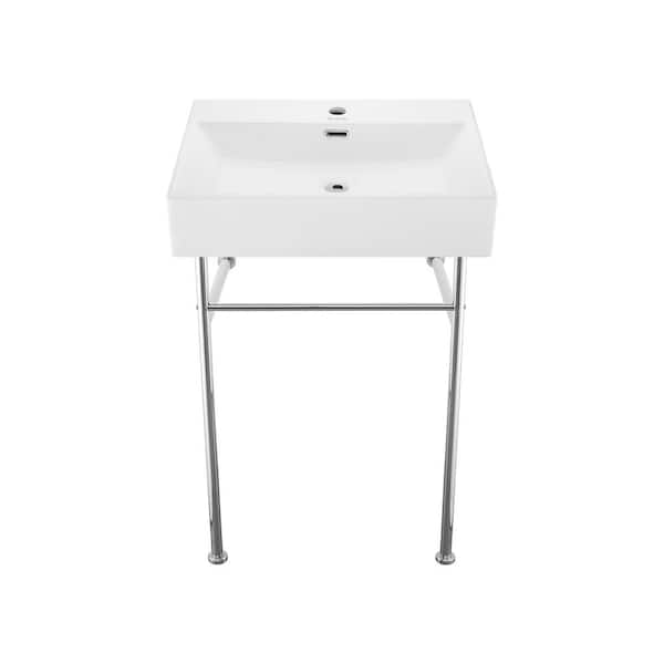 Swiss Madison Claire Ceramic Console Sink Basin and Leg Combo in Glossy White with Bathroom Sink and Bottle Trap Drain