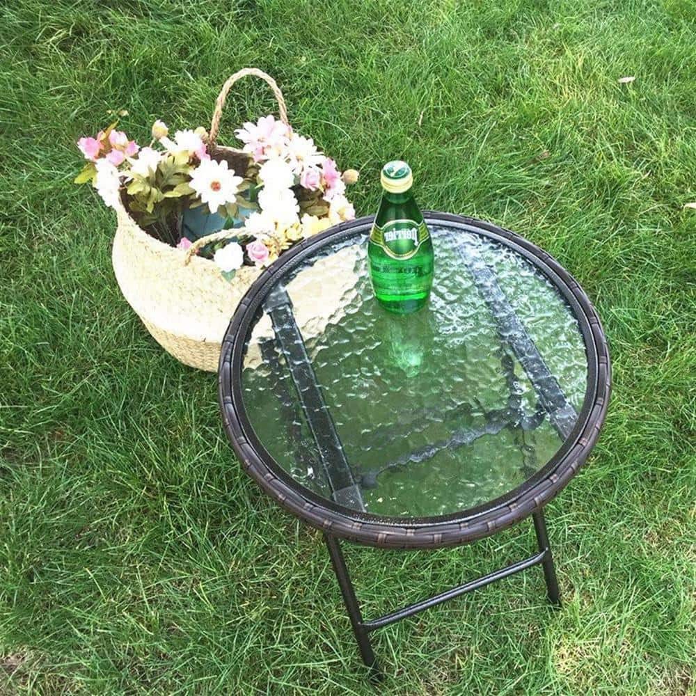 Brown Metal Round Outdoor Side Table, Small Foldable Wicker Table with Temp