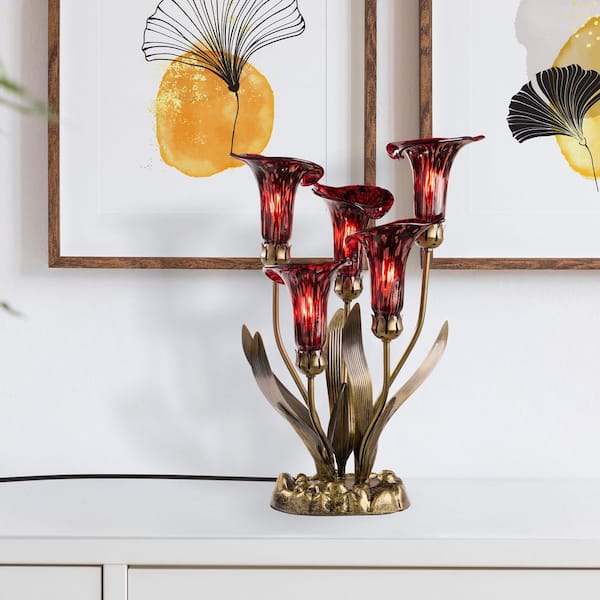 Calla Lilies 5-Light 20 in. Red/Gold Hand Blown Glass Desk Lamp
