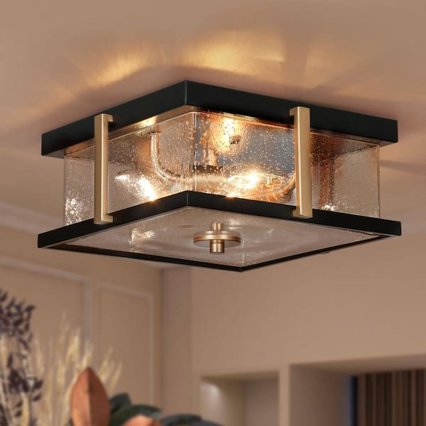 3-Light Flat Black Flush Mount Light with Square Seeded Glass Panels, 12 in. Modern Dark Gold Ceiling Light for Entryway