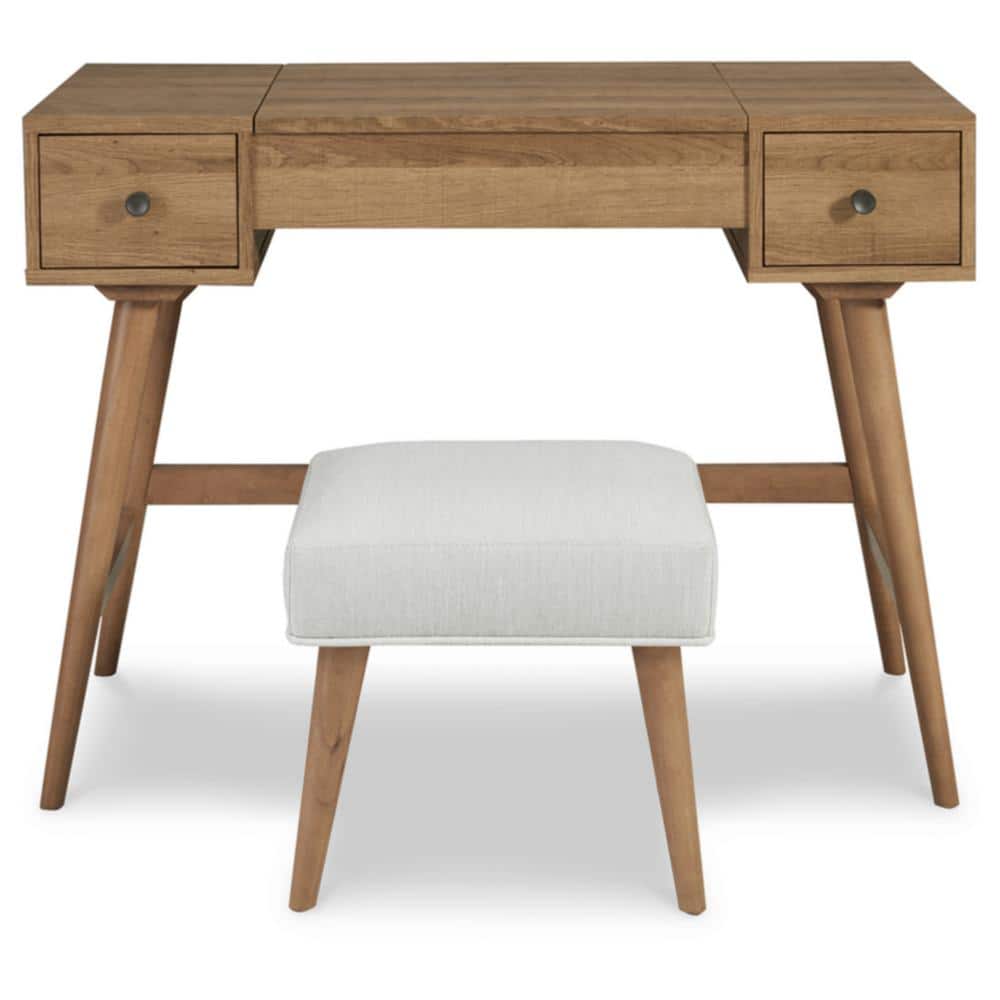 Light Brown and White 2-Drawer Vanity with Upholstered Stool