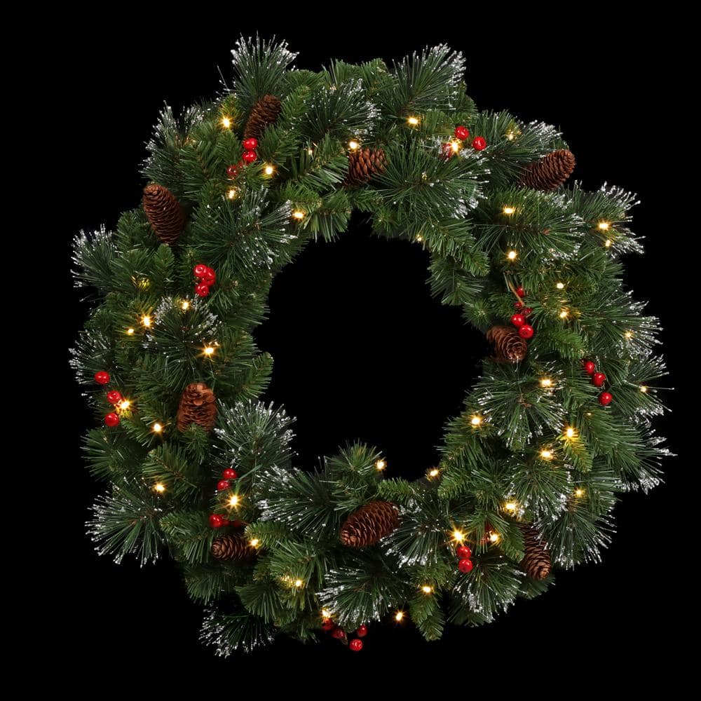 24" Prelit LED Crestwood Spruce Christmas Wreath with Pine Cones