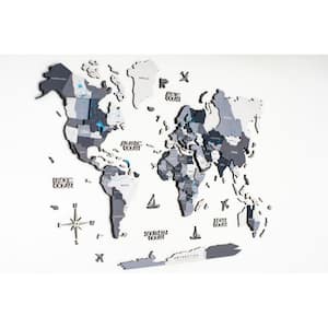 39 in. x 24 in. Black, Grey, White and Wood World Map Hanging Dimensional Wall Art 1-Piece