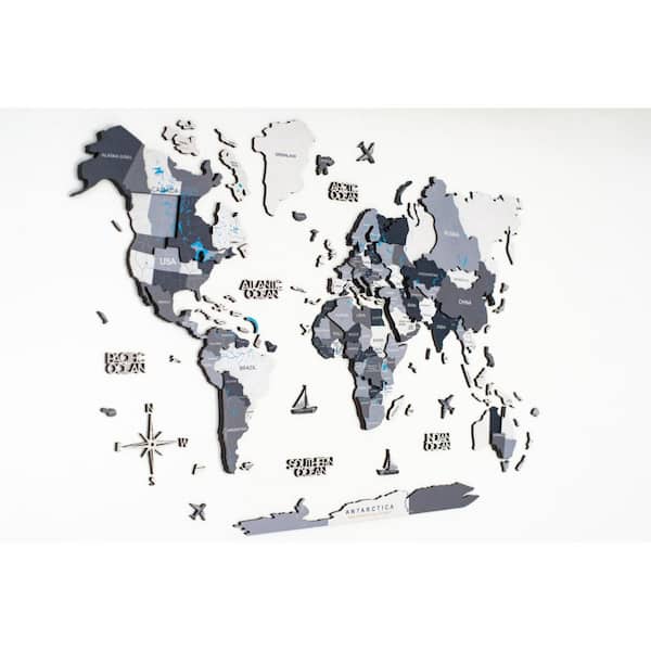 HomeRoots 39 in. x 24 in. Black, Grey, White and Wood World Map Hanging Dimensional Wall Art 1-Piece