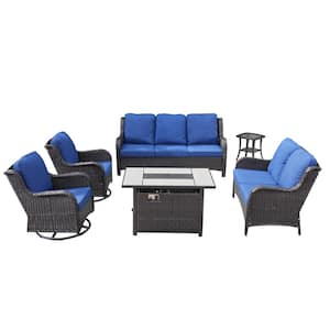 Moonquake 6-Piece Wicker Patio Rectangular Fire Pit Set with Navy Blue Cushions and Swivel Rocking Chairs