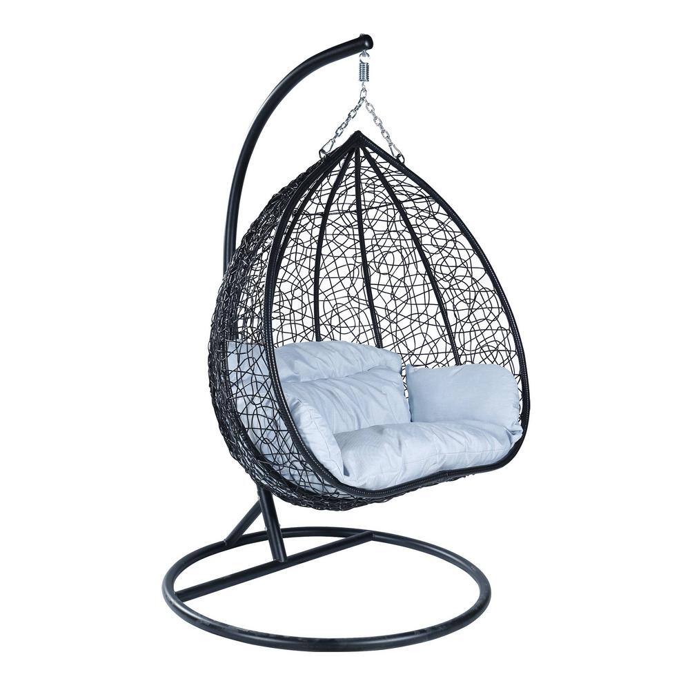 Light Grey Cushioned Two-Person Black Stainless Steel Hanging Swing Chair