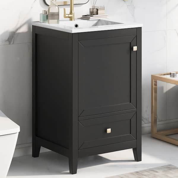 20 in. Black Bath Vanity with White Ceramic Top Sink Soft Closing Door and A Drawer
