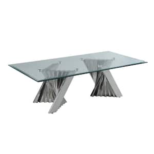 Ozuna 55 in. Silver Rectangle Tempered Glass Top Coffee Table with Stainless Steel Base