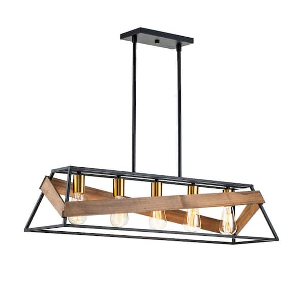 Elk 5-Light Black and Antique Gold with Vintage Wood Geometric Modern Farmhouse Cage Kitchen Island Pendant Lighting