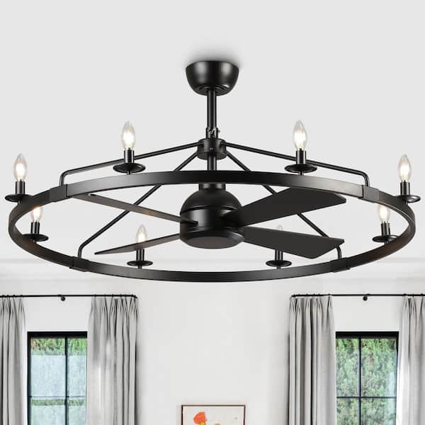 42 in. Farmhouse Matte Black Wagon Wheel Downrod Mount Fandelier Ceiling Fan with Lights and Remote Control