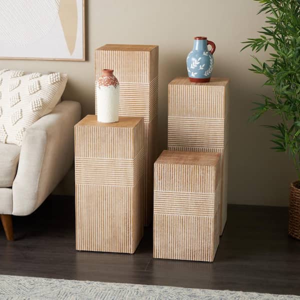 Brown Wood Pillar Style Pedestal Table with Various Sizes (Set of 4)