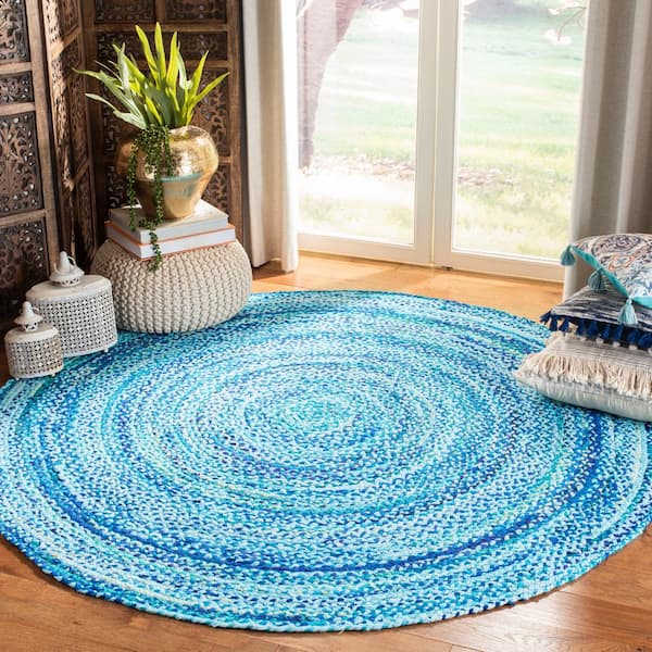 Braided Turquoise 4 ft. x 4 ft. Round Striped Solid Area Rug