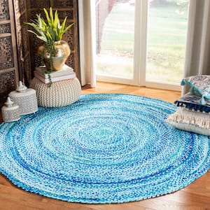 Braided Turquoise 7 ft. x 7 ft. Round Solid Color Striped Area Rug