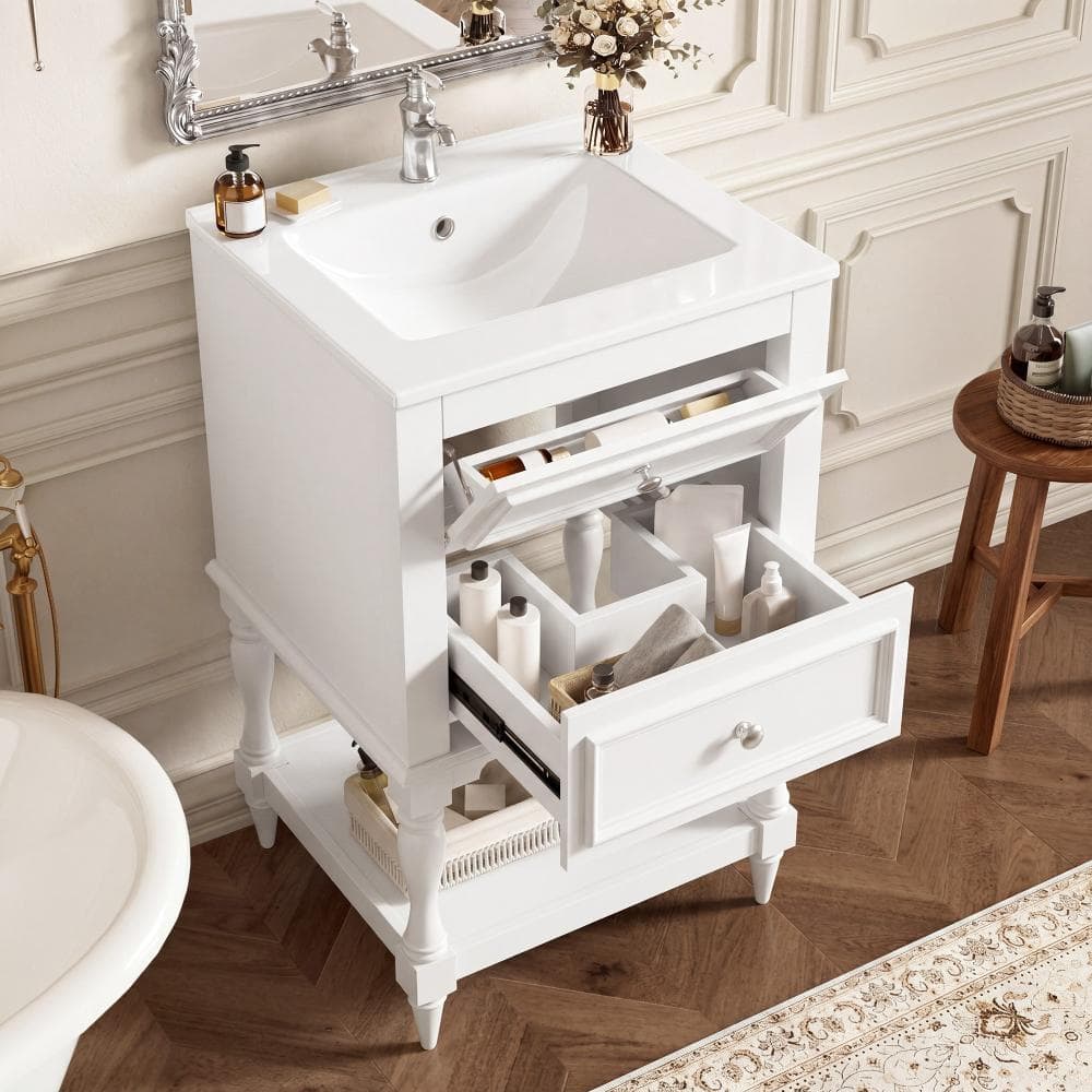 20 in.White Freestanding Bathroom Vanity with Ceramic Single Sink,Open Shelf & 2 Drawers price history on PriceWatchPro
