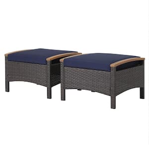 2-Piece Wicker Outdoor Ottoman Patio Rattan Footrest Seat with Blue Cushions and Curved Acacia Wood Handles