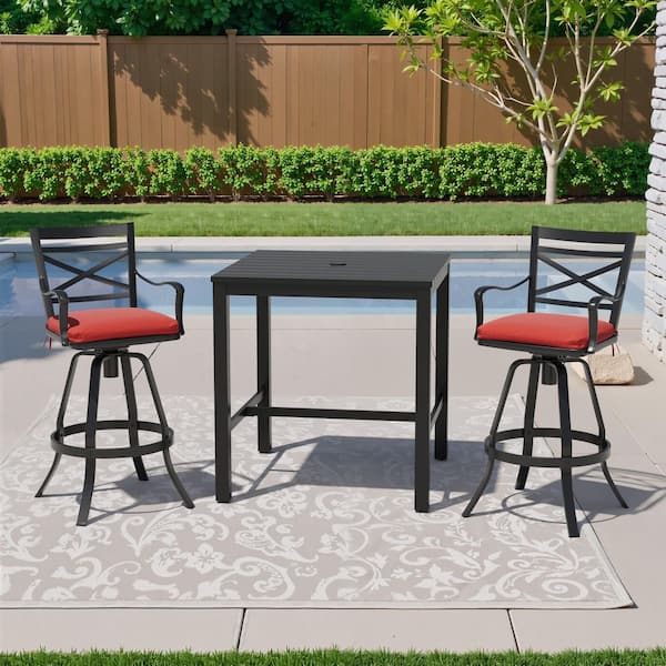 3-Piece Square Aluminum Outdoor Dining Set with 35.4 in. Table and Bar Stool in Red