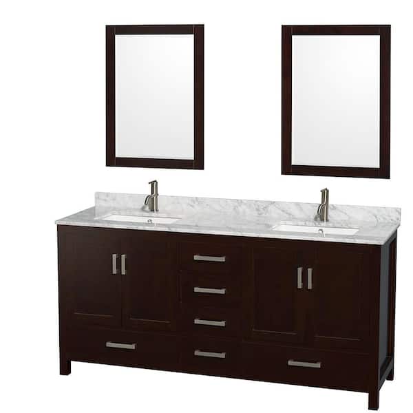 Wyndham Collection Sheffield 72 in. W x 22 in. D x 35 in. H Double Bath Vanity in Espresso with White Carrara Marble Top and 24" Mirrors