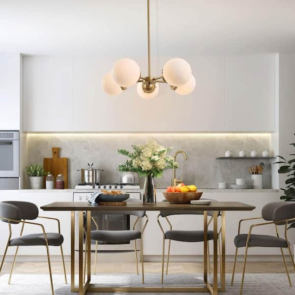 Modern Globe Dining Room Chandelier 5-Light Gold Sputnik Chandelier with Frosted Glass Shades