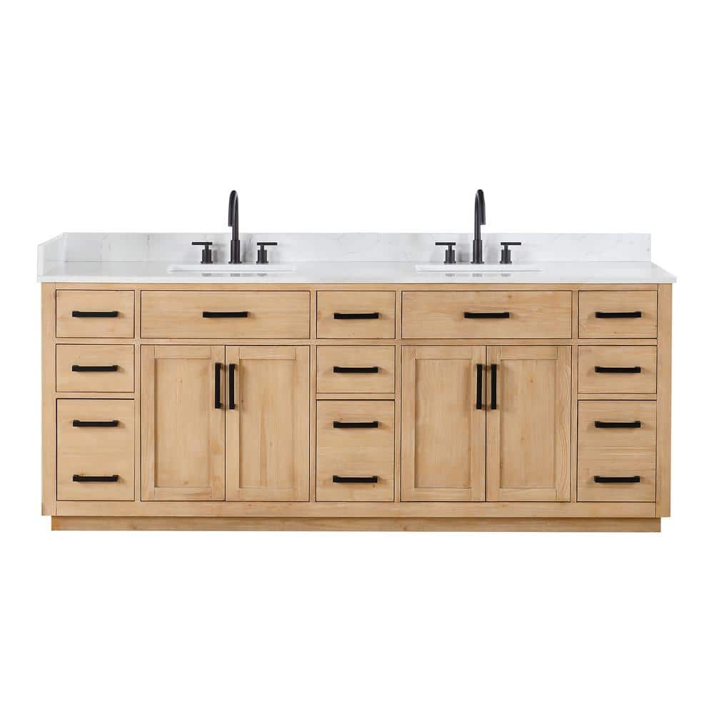Gavino 84" Light Brown Wood Vanity with Composite Stone Top