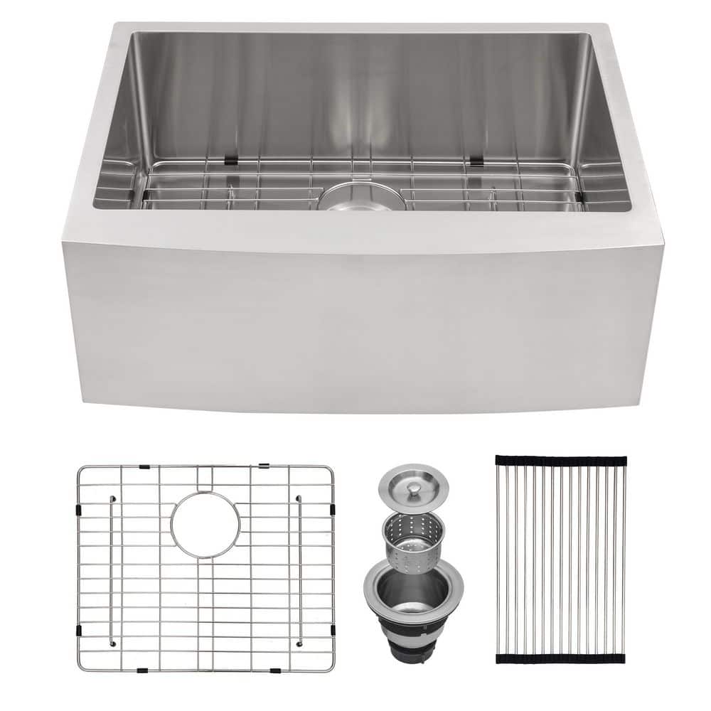 24 in. Apron Front Single Bowl 16 Gauge Brushed Nickel Stainless Steel Kitchen Sink with Dish Grid, Drying Rack price history on PriceWatchPro