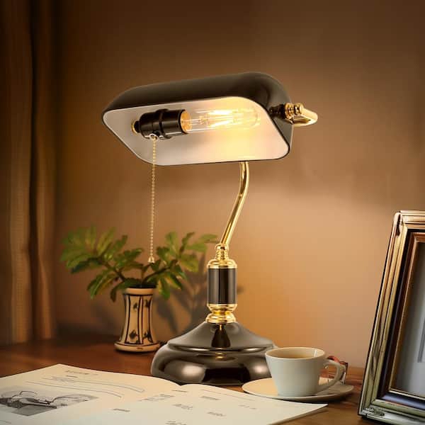 YANSUN 15 in. Classic Black Glass Bankers Desk Lamp with Gold Accent and Pull Chain, Traditional Library Light for Office