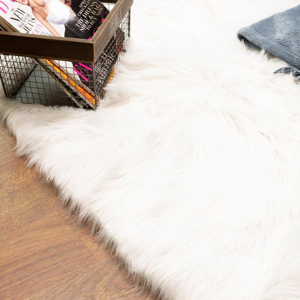 Ivory Rectangular Faux Fur Sheepskin Shag Rug