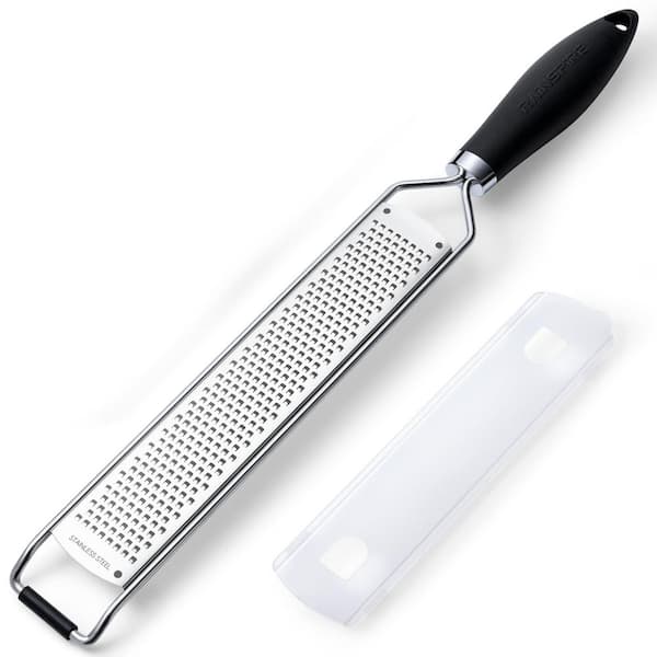 Black Premium Zester with Ultra Sharp Blade, Safety Cover, Non-slip Foot & Soft Touch Handle for Citrus, Cheese & More