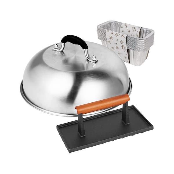 Cast Iron Griddle Press with 12-Inch Stainless Steel Melting Dome for Bacon Burger Panini Grill Set