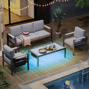 4-Piece Aluminum Patio Conversation Set with Gray Cushions LED Coffee Table and Movable Side Pocket