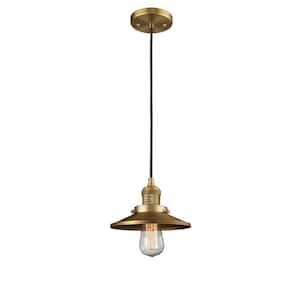 Railroad 1-Light Brushed Brass Shaded Pendant Light with Brushed Brass Metal Shade