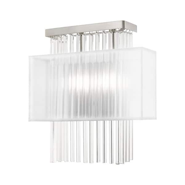 AVIANCE LIGHTING Ellyridge 13 in. 2-Light Brushed Nickel ADA Wall Sconce with Translucent Fabric shand and Clear Crystal Rods