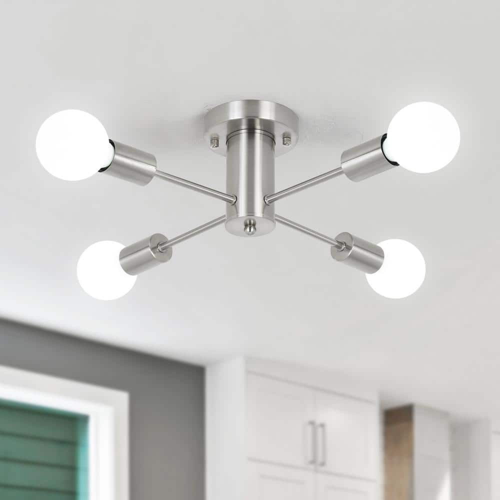 Theis 17.5 in. 4-Light Nickel Semi Flush Mount Sputnik Chandelier Linear Ceiling Mount Light For Bedroom Dining Room price history on PriceWatchPro