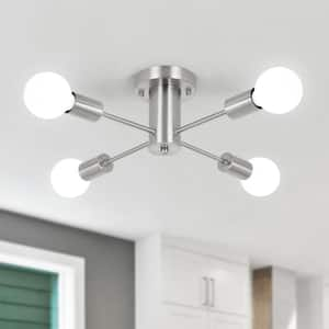 Theis 17.5 in. 4-Light Nickel Semi Flush Mount Sputnik Chandelier Linear Ceiling Mount Light For Bedroom Dining Room