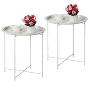 Round Side/End Table, Folding Round Metal Anti-Rust and Waterproof Outdoor or Indoor Tray, Gray Set of 2