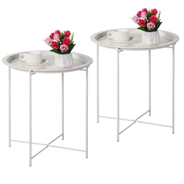 VECELO Round Side/End Table, Folding Round Metal Anti-Rust and Waterproof Outdoor or Indoor Tray, 18.5 in.W Gray Set of 2