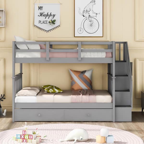 Gray Twin Over Twin Wood Bunk Bed with Twin Size Trundle and Staircase
